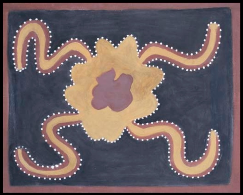 Hector Jandany Aboriginal ochre painting showing a large yellow star-like form at the centre of a black ground, surrounded by four winding red and yellow paths edged with white dots.