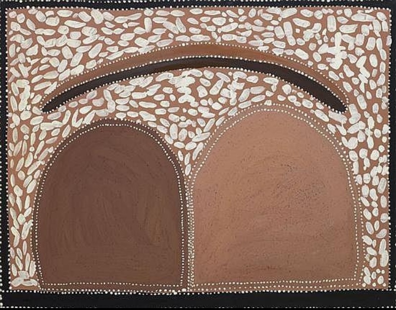 Queenie McKenzie ochre painting with two large rounded brown hills beneath a sweeping black and brown band, surrounded by dense white marks