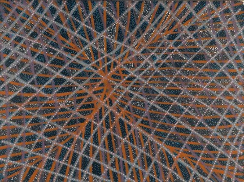 Painting by Gloria Petyarre with intersecting orange and pale grey lines crossing a dark ground covered with thousands of fine white and blue dots.