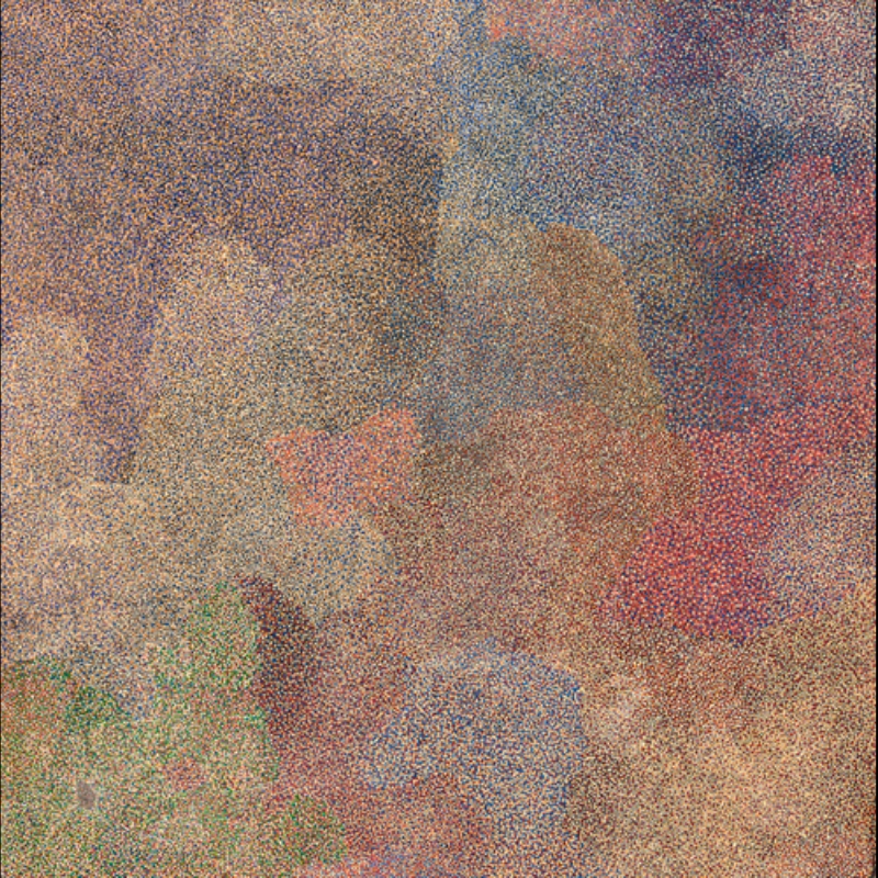 Plum Dreaming painting by Angelina Pwerle, covered with thousands of tiny dots forming large overlapping fields of blue, ochre, red, green and pink.