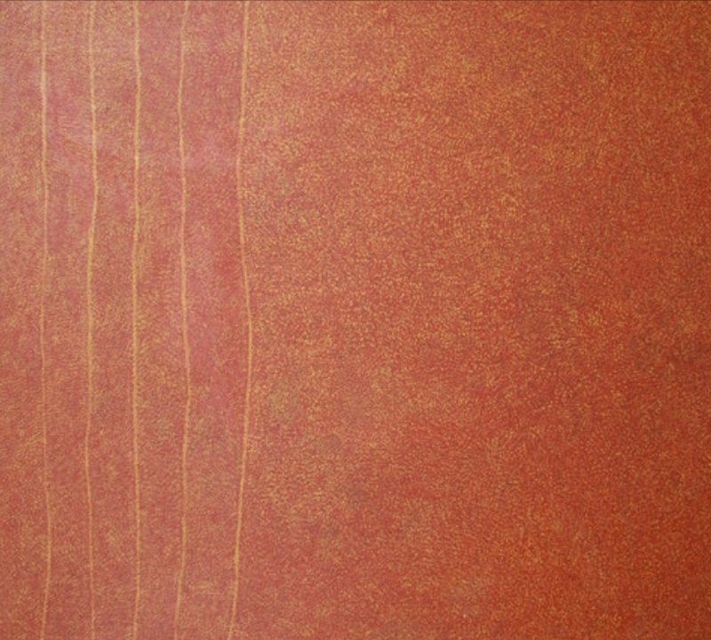 Kathleen Petyarre’s Untitled, 2000, with fine golden-ochre dotting over a red ground and long parallel lines running down the left side.