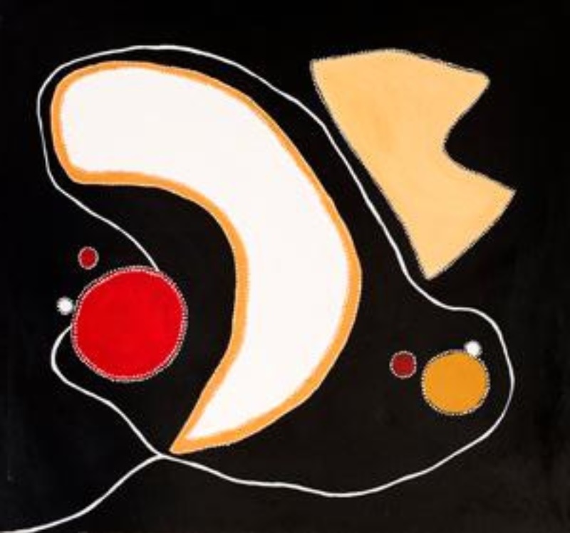 Jack Dale Mengenen painting with a large white and ochre crescent form, red and yellow circles and abstract shapes connected by a thin white line on a black ground.