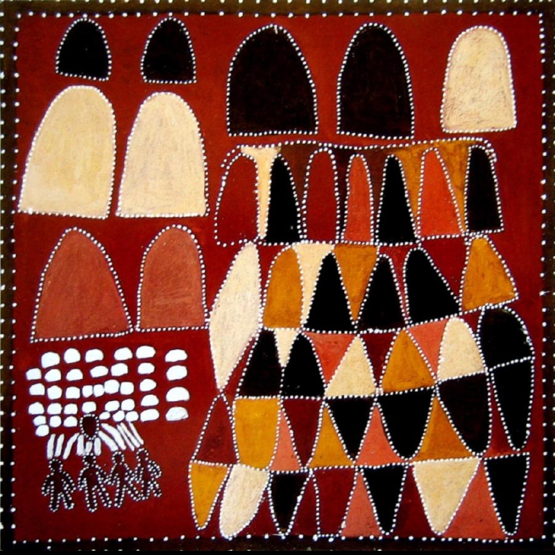Queenie McKenzie ochre painting with rows of black, white, red and yellow hills beside a group of ancestral spirit figures beneath white forms.