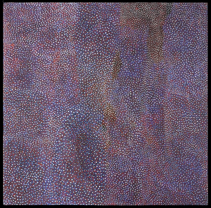 Bush Plum painting by Angelina Pwerle, densely covered with thousands of small white, blue, red and ochre dots across a dark ground.