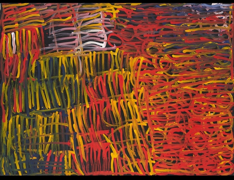 Minnie Pwerle painting filled with loose red, yellow, orange, green, pink and white lines, overlapping in rectangular, curved and circular patterns on a black background.