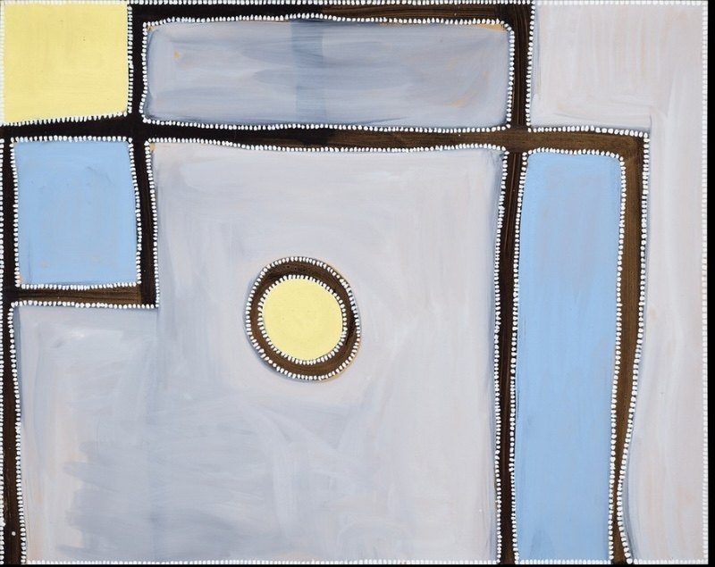 Rammey Ramsey painting divided by black lines into irregular fields of pale grey, blue, white and yellow. A yellow-centred circle sits within the large grey central field, while smaller rectangular areas surround it, all edged with rows of white dots.