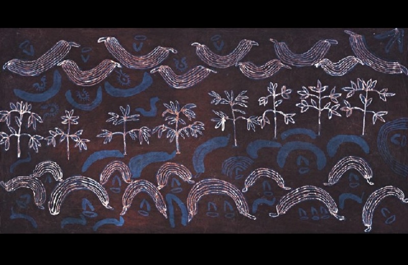 Kathleen Petyarre’s Atnangkere Story, a late-1980s batik on silk with repeated U-shaped forms, plant imagery and finely patterned figures on a dark ground.