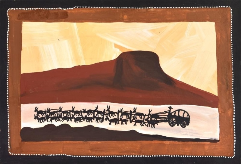 Jack Dale Mengenen painting showing a long team of black donkeys pulling a wagon along a pale track beneath the red-brown King Leopold Ranges.