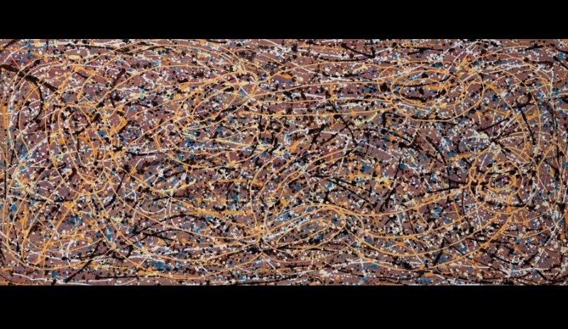 Long horizontal painting by Gloria Petyarre with looping ochre, black and blue lines sweeping over dense fields of small multicoloured dots on a brown ground.