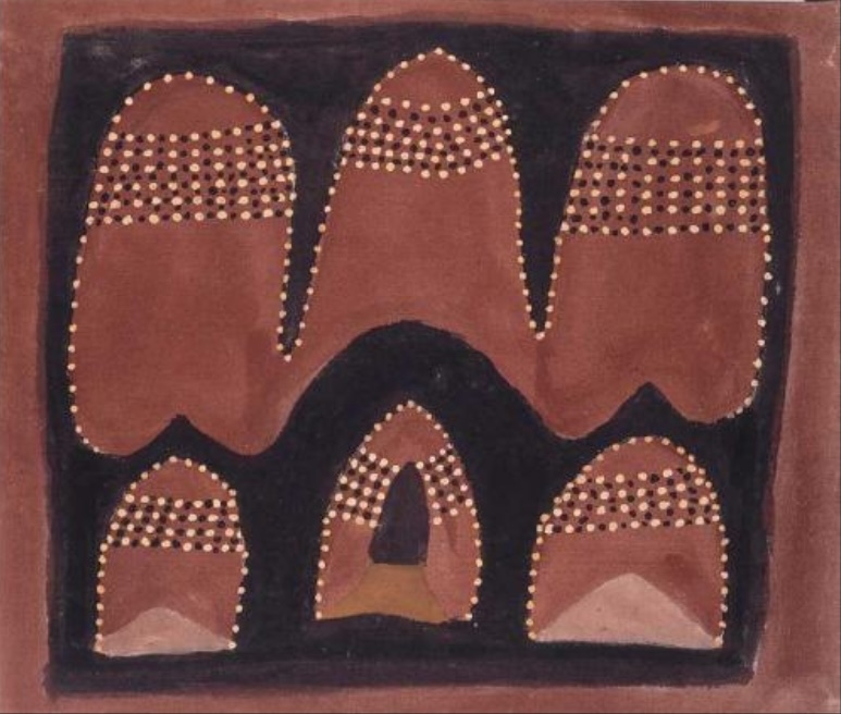 Hector Jandany ochre painting with six rounded red-brown hill forms outlined in white dots against a black ground, five patterned with bands of white and dark dots.