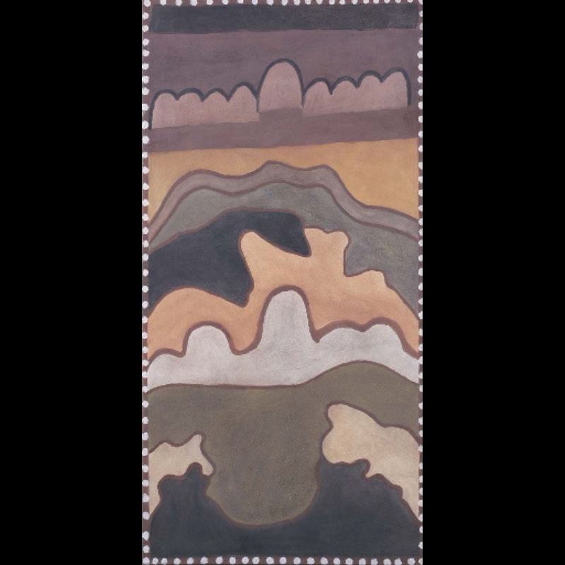 Hector Jandany Aboriginal ochre painting of Spear Hill, with stacked irregular hills and rock formations in black, grey, brown and pale ochres, enclosed by a white dotted border.