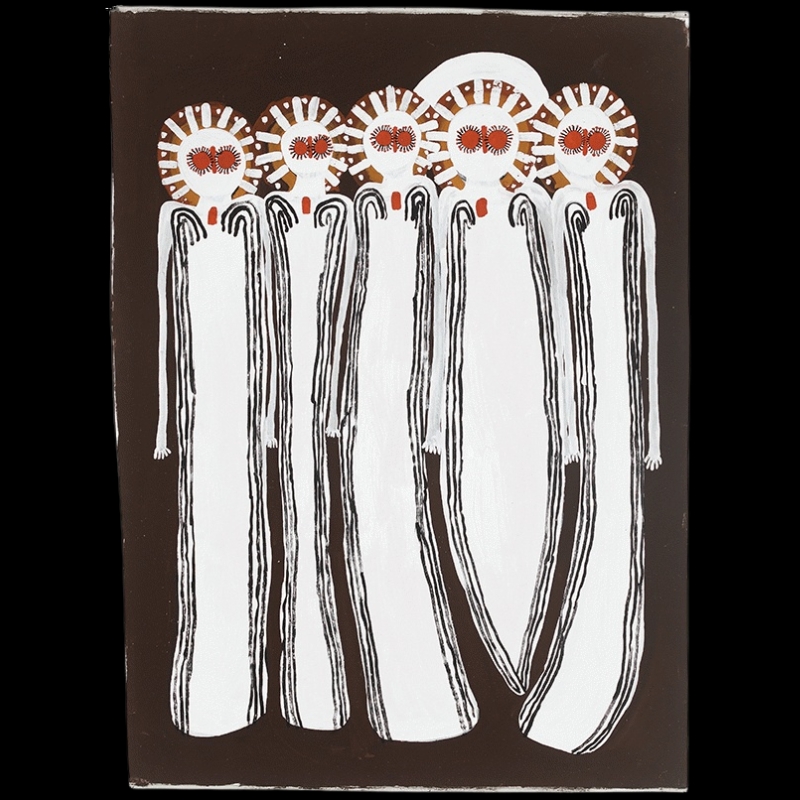 Jack Dale Mengenen painting of five tall white Wandjina standing closely together, with large red and white eyes, radiating striped halos and extremely elongated bodies outlined by long black arms.