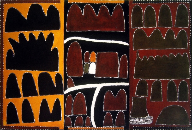 Queenie McKenzie three-panel ochre landscape of Texas Downs, with layered black and red hills, white waterways and a boab tree outlined in dots.