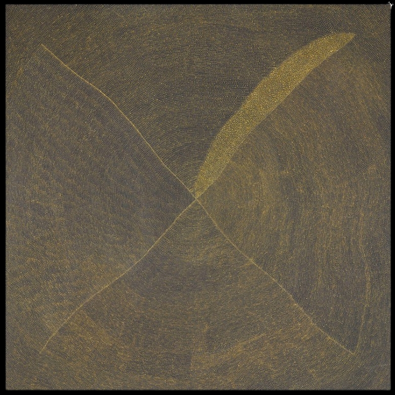 Kathleen Petyarre’s Mountain Devil Lizard Dreaming (After Sandstorm), 1996, with crossing ancestral paths and dense fields of fine ochre dots.