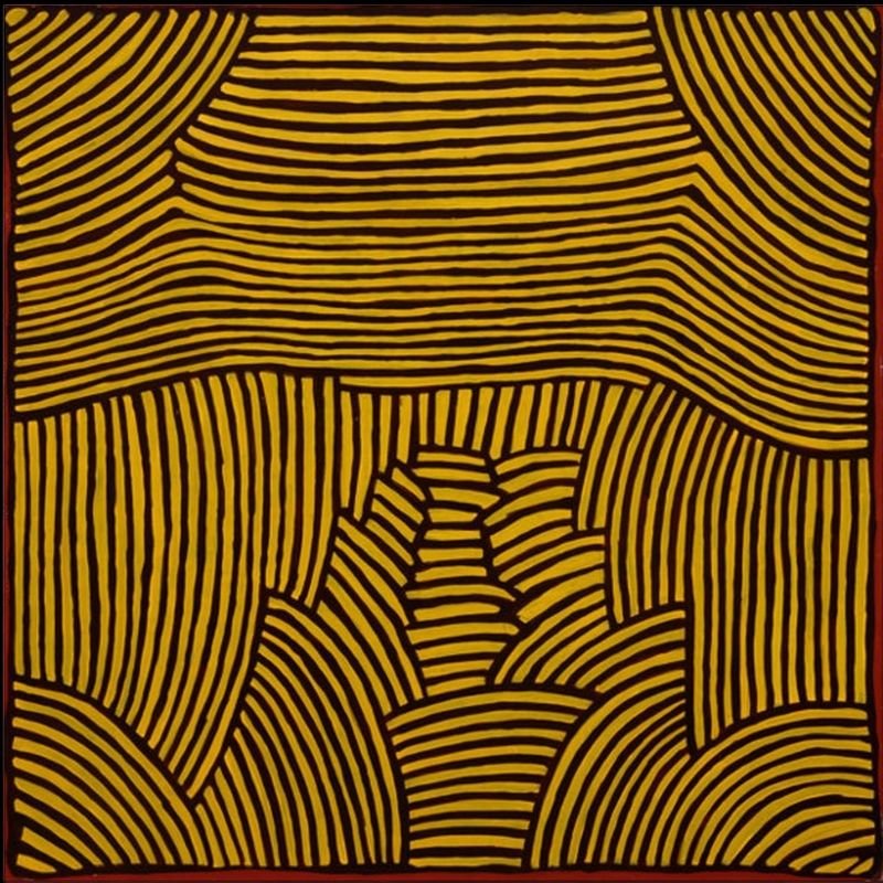 Square painting by Gloria Petyarre filled with bold yellow parallel lines that curve and change direction across a dark red-brown ground.