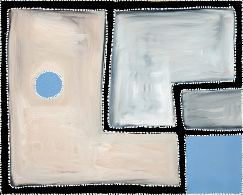 Rammey Ramsey painting divided by thick black lines into large irregular areas of cream, pale grey and blue. A small blue circle appears within the cream field, while rows of white dots outline the black divisions and outer border.