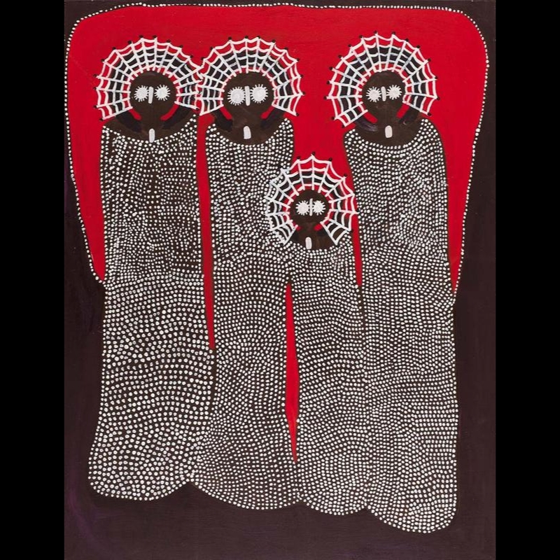 Jack Dale Mengenen painting of four Wandjina figures against a red and dark brown background, with large circular eyes, white dotted bodies and distinctive white web-like patterns radiating around their heads.