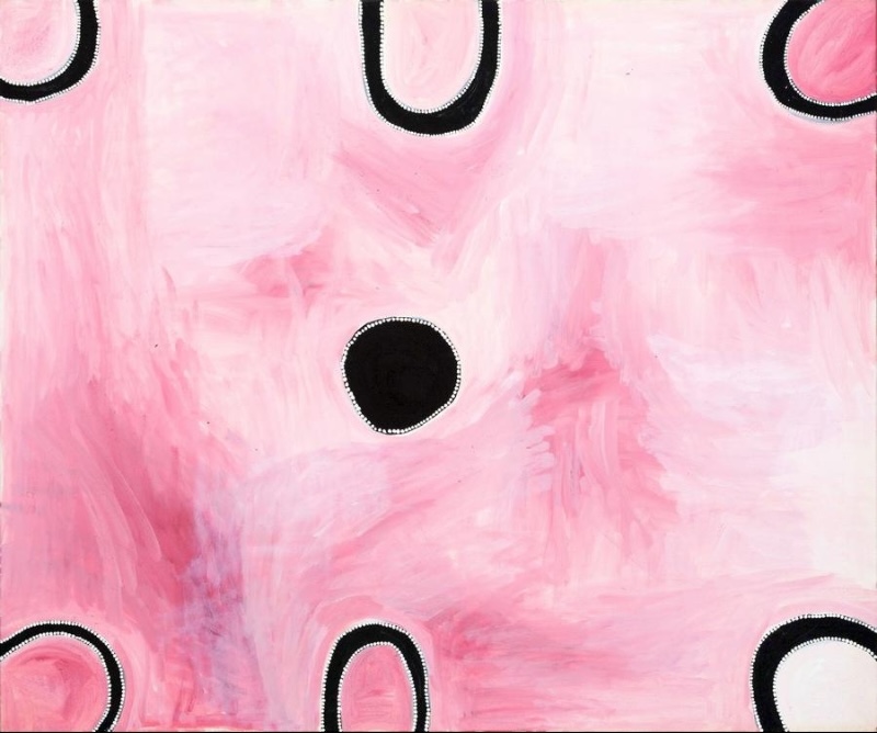 Rammey Ramsey painting with a luminous field of pale pink, white and deeper pink brushwork. A small black circular form sits near the centre, while larger black-edged rounded forms enter from the top and bottom edges, each finely outlined with white dots.
