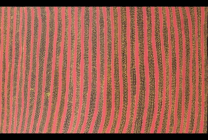 Kathleen Petyarre’s Atnangkere Awelye, 1993, with long parallel red lines alternating with dense rows of fine yellow and white dots.