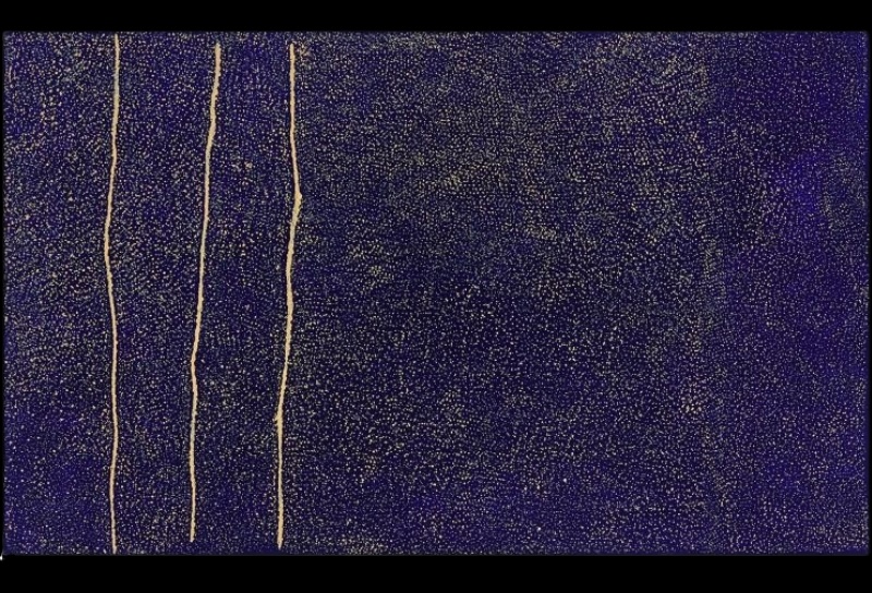 Kathleen Petyarre’s Bush Seeds, 2005, with dense pale fine dotting, three long ochre lines and deep blue-violet fields.