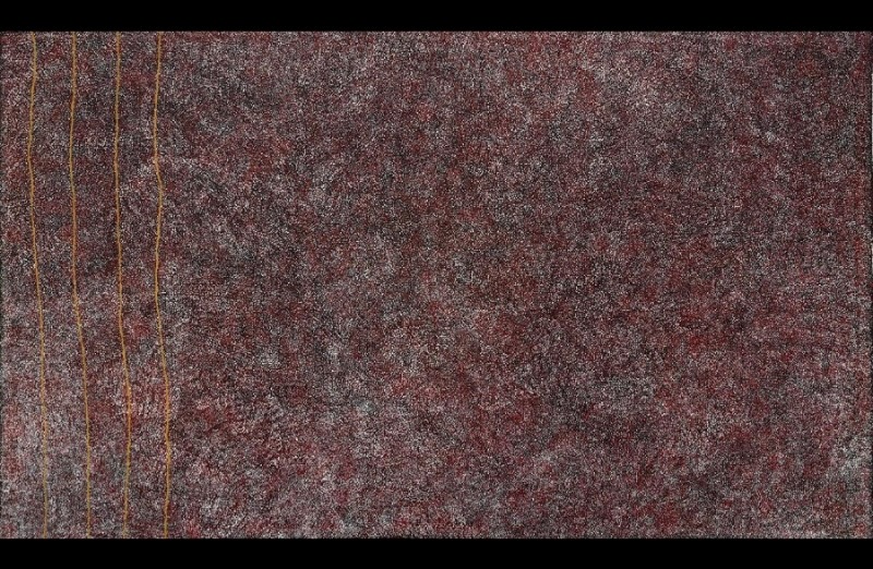 Kathleen Petyarre’s Mountain Devil Lizard Dreaming, 2007, with dense red, grey and white dotting and parallel ochre lines.