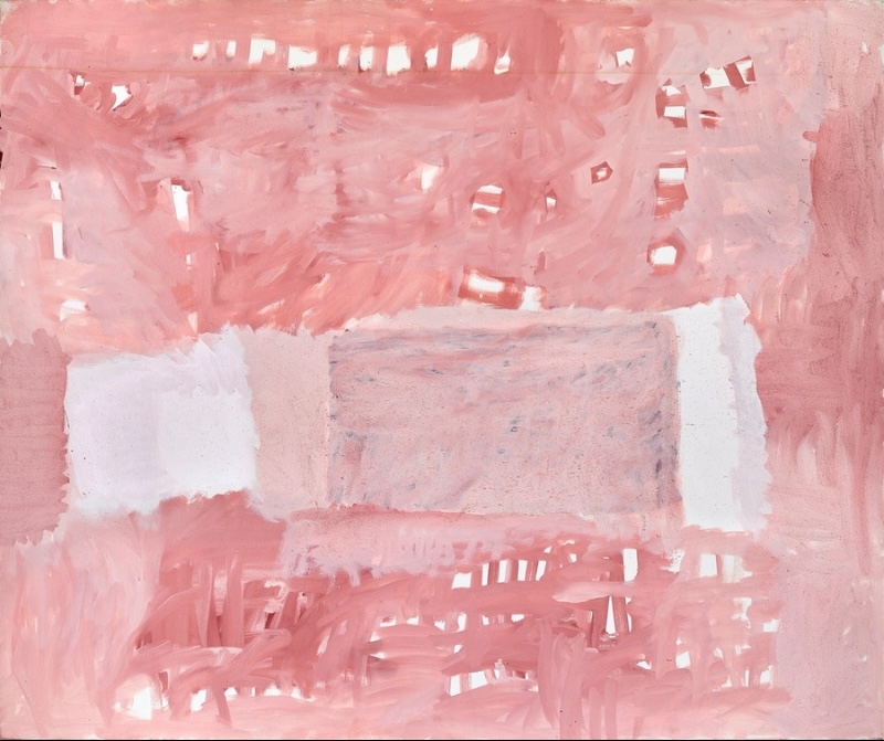 Rammey Ramsey painting dominated by layered pink and pale red brushwork. A large horizontal rectangular area of muted pink and grey occupies the centre, flanked by broad white blocks, while loose strokes and small openings animate the surrounding field.