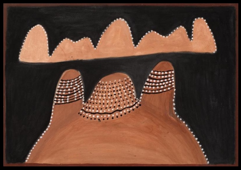 Hector Jandany Aboriginal ochre painting showing three large rounded hills against a black ground, patterned with white and black dots, with a long pale range of hills above.