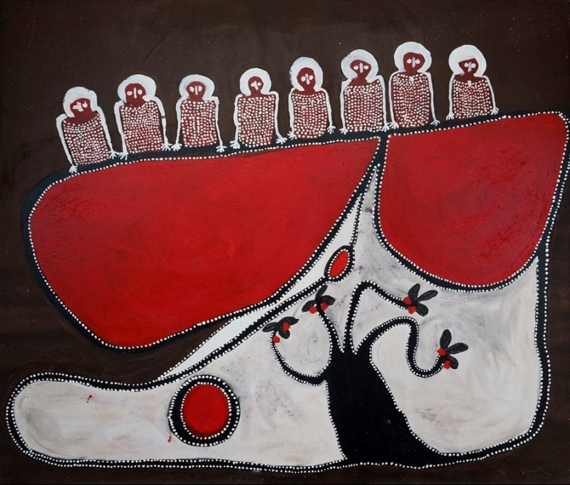 Jack Dale Mengenen painting showing nine small Wandjina above large red and white landscape forms, with a black branching tree-like form and circular shapes below.