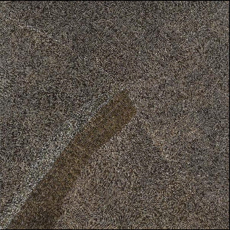 Kathleen Petyarre’s Mountain Devil Lizard Dreaming, 1998, with dense white and ochre fine dotting surrounding a diagonal dark ochre form.