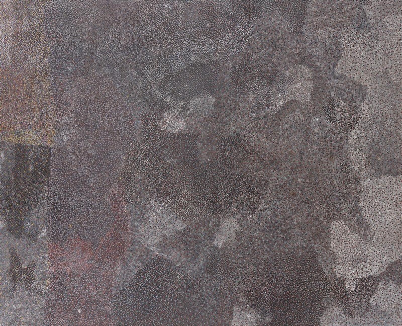 Arnekwety Place painting by Angelina Pwerle, densely covered with thousands of tiny white, grey and muted red dots forming irregular overlapping areas across a dark ground.