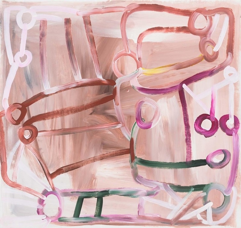 Minnie Pwerle Awelye Atnengerrp painting with sparse gestural lines and circular forms in pink, white, brown, green and purple.