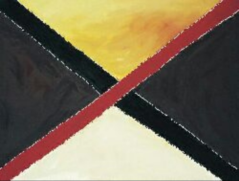 Rover Thomas painting composed of broad intersecting diagonal bands in red and black. The bands cross near the centre, dividing the canvas into four large fields of yellow, cream and dark brown-black. Fine pale dotted lines run along parts of the black and red pathways.