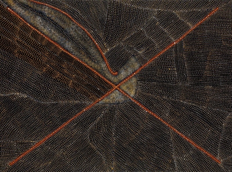 Kathleen Petyarre’s Bush Seed Dreaming, 2011, with dense fine dotting, crossing red lines and an elongated central form.