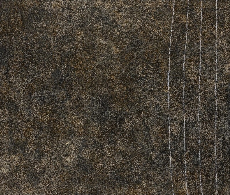 Kathleen Petyarre’s Mountain Devil Lizard Dreaming, 2007, with dense ochre and dark dotting beside parallel white lines.