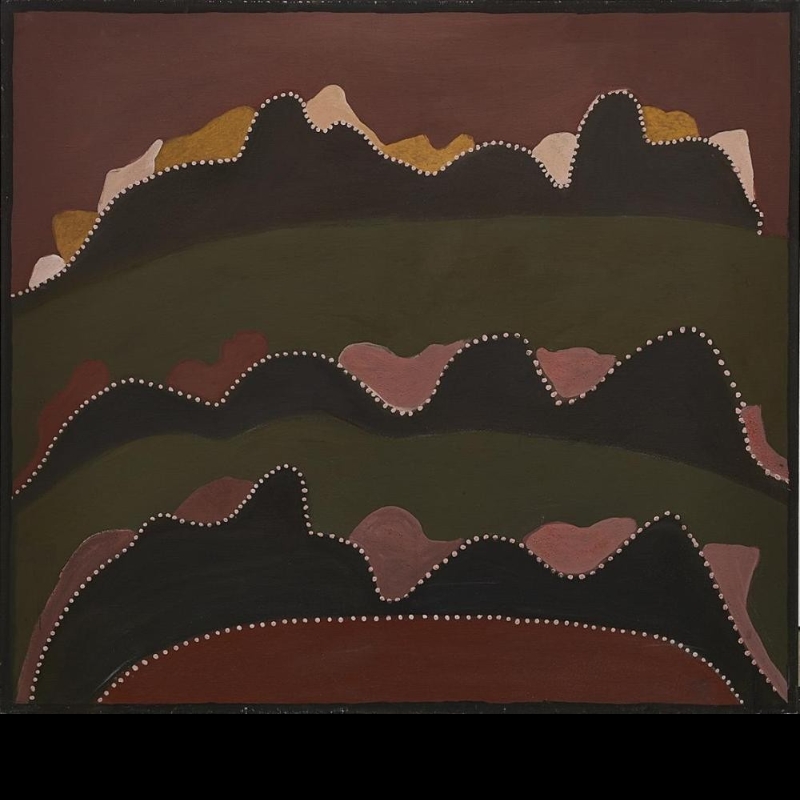 Hector Jandany Aboriginal ochre painting showing three horizontal ranges of irregular black hills outlined with white dots, interspersed with pink, red and yellow rock forms against dark green ground.