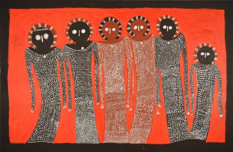 Jack Dale Mengenen painting of six full-bodied Wandjina from his mother’s clan, with round dark faces, halo-like head forms and elongated bodies covered in dense white rain dots.