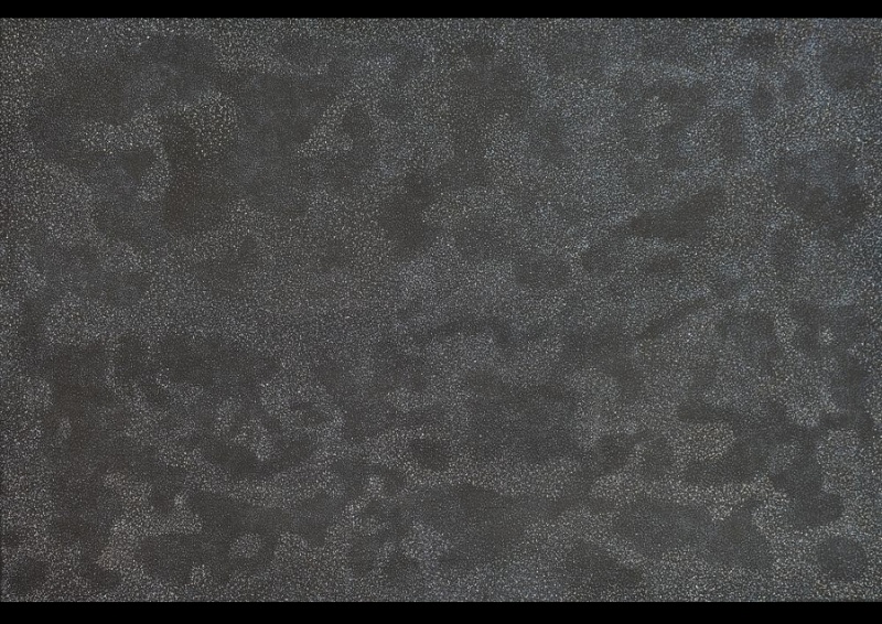 Kathleen Petyarre’s Thorny Devil Lizard Dreaming at Dusk, 1999, with minute pale dots forming shifting patterns across a dark grey ground.