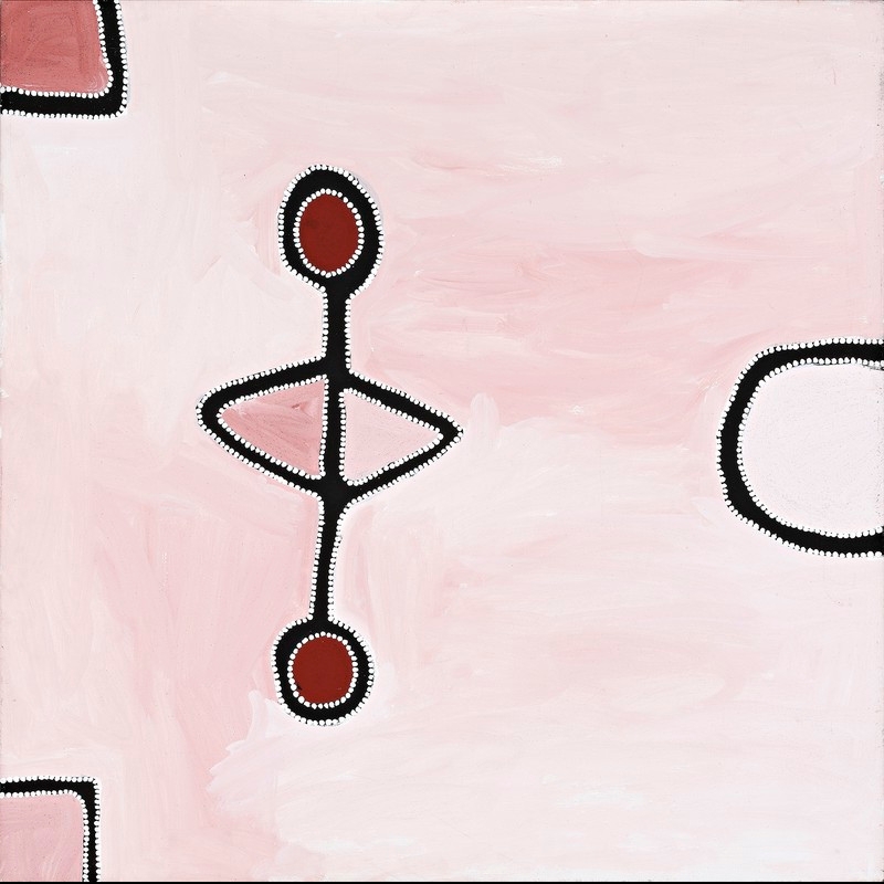 Rammey Ramsey painting on a softly brushed pale pink and white ground. A central black linear form joins two red-centred circles through a pair of angular shapes, all edged with rows of white dots. Partial geometric forms enter from the edges.