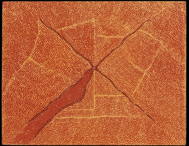 Kathleen Petyarre’s Mountain Devil Lizard Dreaming, 2009, with dense ochre dotting, crossing dark lines and an elongated red form.