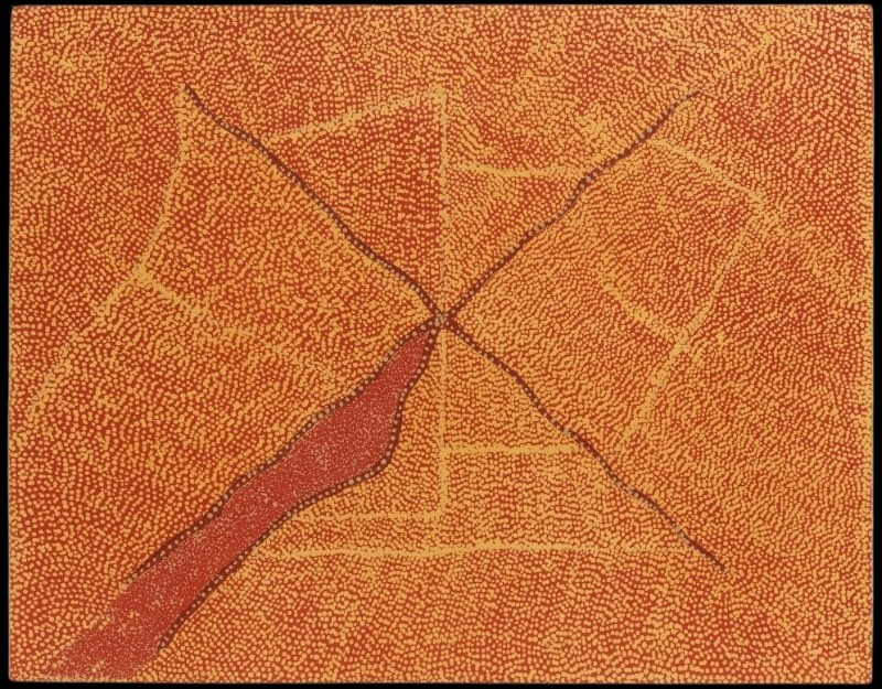 Kathleen Petyarre’s Mountain Devil Lizard Dreaming, 2008, with dense ochre dotting, crossing dark lines and an elongated red form.