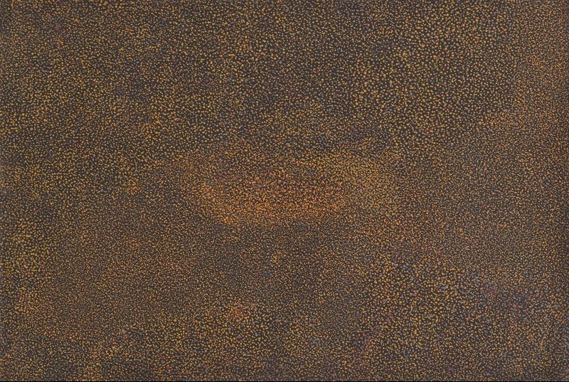 Kathleen Petyarre’s Untitled, 1999, with dense orange, ochre and pale dots forming subtle shifting areas across a dark ground.