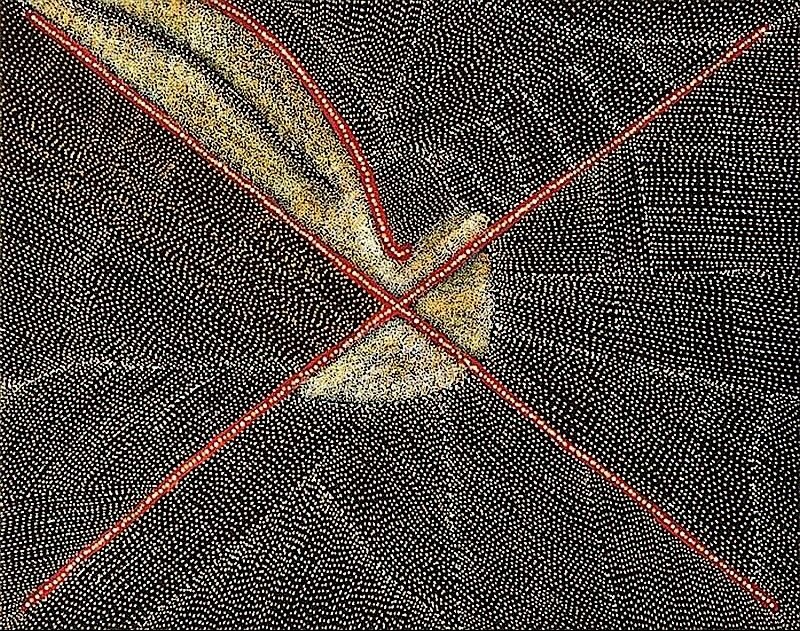 Kathleen Petyarre’s Bush Seed Dreaming, 2011, with dense white dotting, intersecting red lines and a yellow ochre central form.