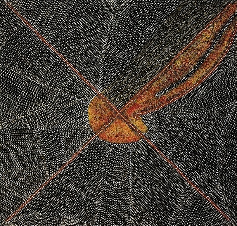 Kathleen Petyarre’s Bush Seed Dreaming, 2011, with dense white dotting, crossing red lines and an elongated ochre form.
