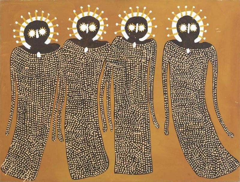 Jack Dale Mengenen painting of four tall black Wandjina with large white eyes, radiating halos and elongated bodies densely covered with pale rain dots on an ochre ground.