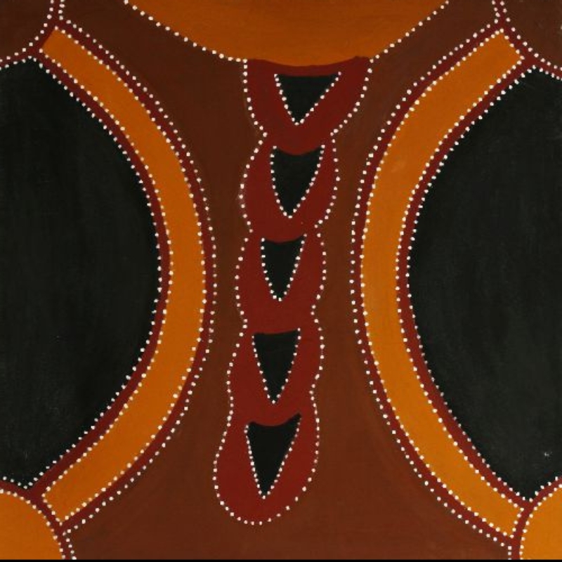 Hector Jandany Aboriginal ochre painting with two large black oval forms bordered by curved yellow and red bands, and five black triangular shapes running vertically through the centre, all outlined in white dots.