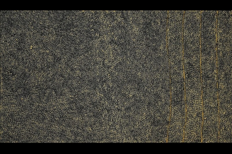 Kathleen Petyarre’s My Country – Bush Seeds, 2004, with dense golden fine dotting and parallel lines along the right side of a dark ground.