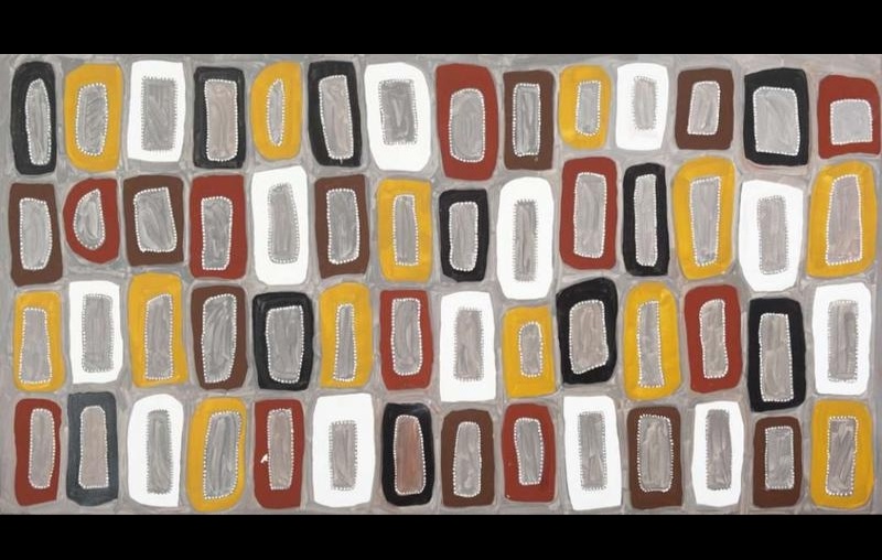 Jack Dale Mengenen painting of rows of more than fifty rounded rectangular Djalala stones in red, yellow, white, black and brown, each containing a grey centre outlined with fine white dots.