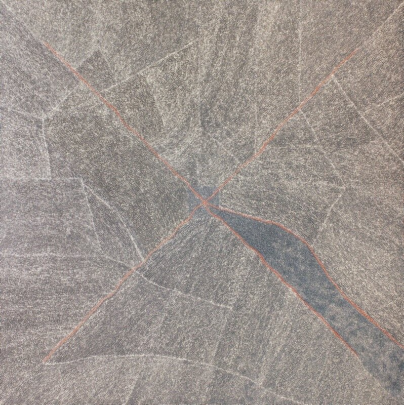 Kathleen Petyarre’s Mountain Devil Lizard Dreaming, 2006, with intersecting red lines, an elongated dark form and dense fields of fine pale dots.