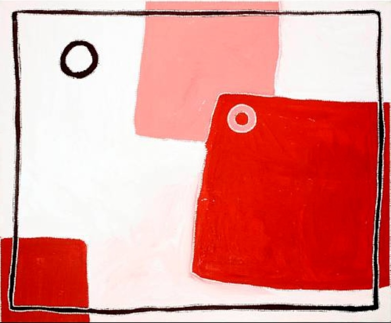 Rammey Ramsey painting with an open white ground overlaid by large blocks of pale pink and vivid red. A black-outlined circle appears at upper left, with a smaller pink and red circular form inside the large red field on the right.