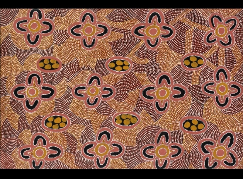 Kathleen Petyarre’s Women Hunting Emu with Dingo, 2003, with repeated ceremonial forms, oval motifs and dense fields of white dots in ochre, red and black.